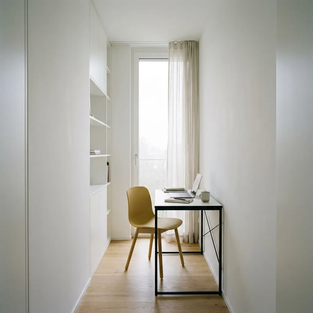 Minimalistisches Home Office mit weißem Schreibtisch, gelbem Stuhl und großem Fenster in schmalem Raum