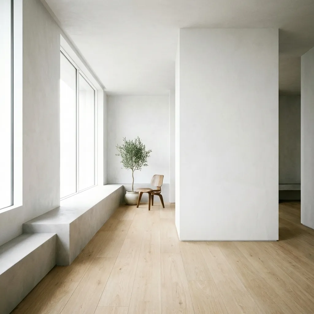 Minimalistisches Wohnzimmer mit weißen Wänden, hellem Holzboden, Betonbank am Fenster und Olivenbaum