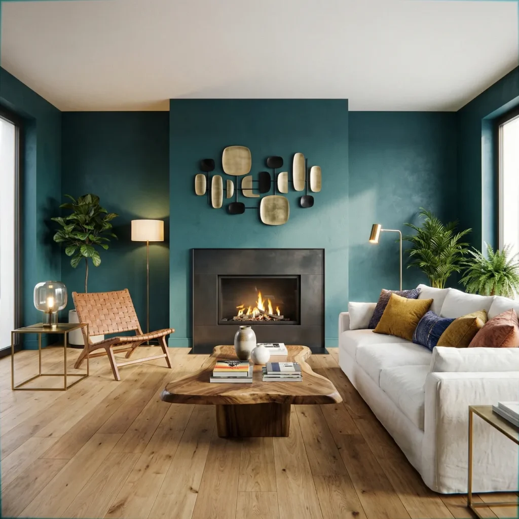 Modernes Wohnzimmer mit Kamin, teal Wandfarbe, Livekantenholztisch und weißem Sofa