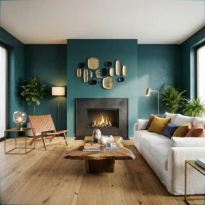 Modernes Wohnzimmer mit Kamin, teal Wandfarbe, Livekantenholztisch und weißem Sofa