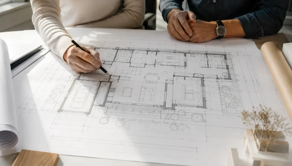 Architektin zeigt mit Bleistift auf detaillierten Grundriss eines Einfamilienhauses bei Beratungsgespräch