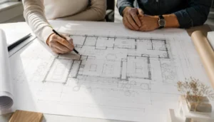 Architektin zeigt mit Bleistift auf detaillierten Grundriss eines Einfamilienhauses bei Beratungsgespräch