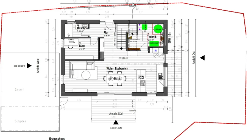 Grundriss Erdgeschoss mit Wohn-Essbereich, Büro, Duschbad, Flur und Technikraum mit Kombispeicher