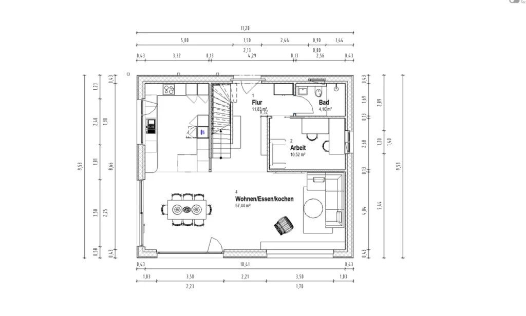 Grundriss Erdgeschoss Einfamilienhaus 11,28x9,53m mit Wohn-Ess-Kochbereich 57m², Flur, Bad und Arbeitszimmer