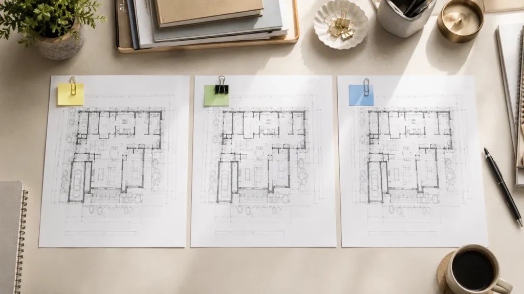 Drei Hausgrundrisse nebeneinander auf einem Architektur-Schreibtisch mit Notizbuch und Kaffee
