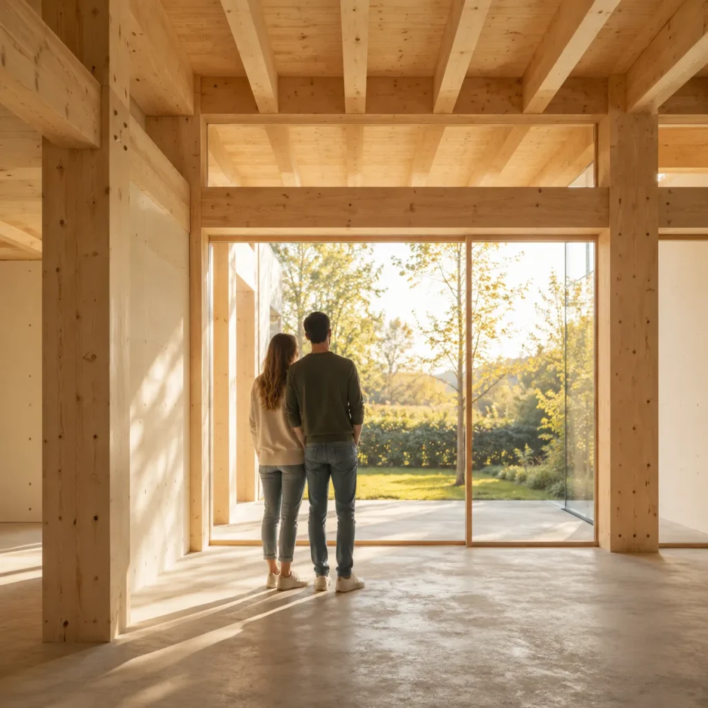 Paar steht in einem modernen Massivholzhaus und blickt durch große Glasfront in den sonnigen Garten