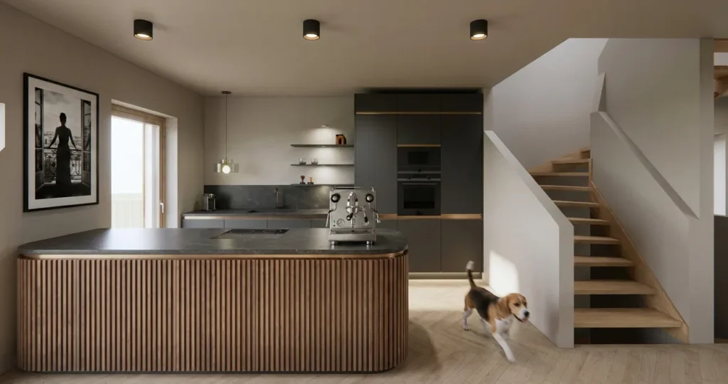Moderne Küche mit geschwungener Holzinsel, dunklen Fronten, Espressomaschine und Beagle im offenen Wohnraum
