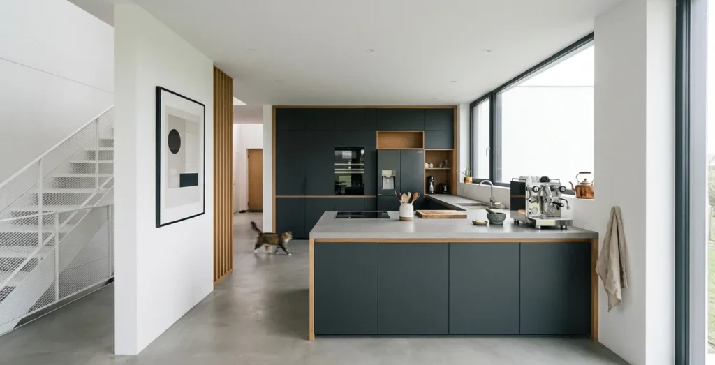 Moderne offene Küche mit dunkelgrauer Kochinsel, Holzakzenten und großen Fensterfronten in zeitgemäßem Neubau