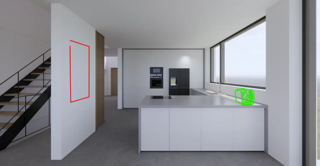 Moderne offene Küche mit weißer Kochinsel, Einbaugeräten und Treppe in minimalistischem Neubau