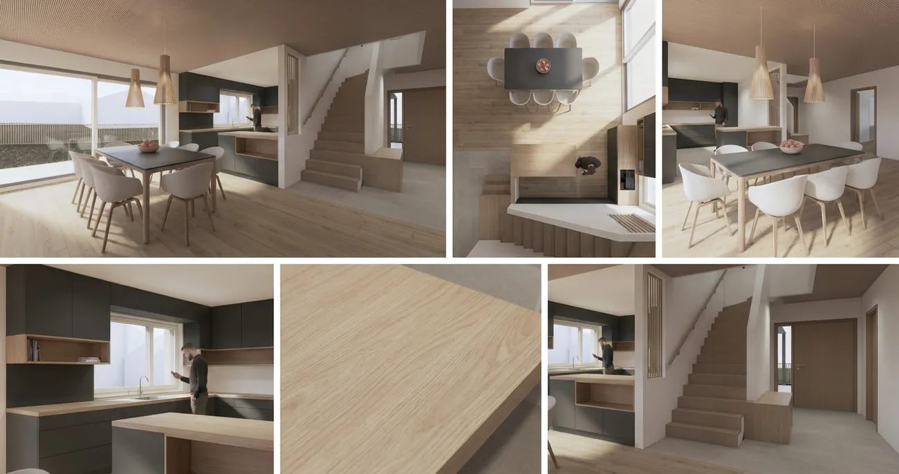 Diese Visualisierung zeigt einen modernen offenen Grundriss mit integrierter Küche in dunklen Mattfronten, hellem Holzboden und einer markanten Holztreppe als architektonischem Gestaltungselement. Die Kombination aus natürlichen Holztönen und anthrazitfarbenen Oberflächen entspricht aktuellen Trends im zeitgenössischen Hausbau und der modernen Innenarchitektur.