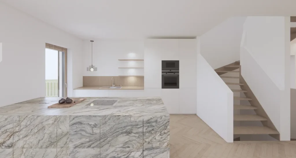 Moderne offene Küche mit Marmor-Kochinsel, weißen Einbauschränken und Holztreppe im minimalistischen Stil