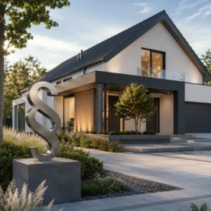 Modernes Einfamilienhaus mit Satteldach und großem Paragraphenzeichen aus Edelstahl im Vorgarten