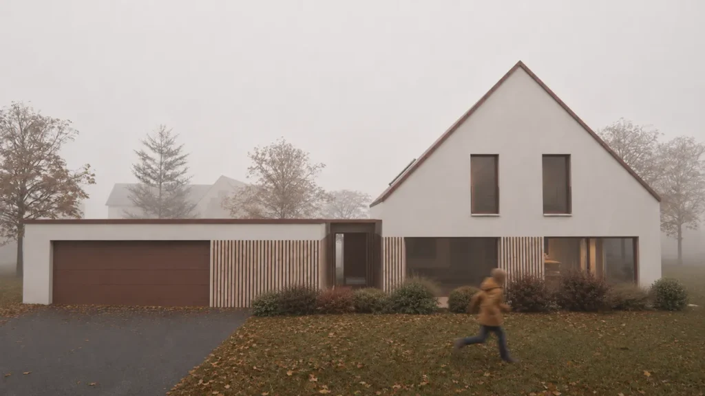 Modernes Einfamilienhaus mit weißer Putzfassade, Satteldach und Holzlamellen-Verkleidung im Herbstnebel