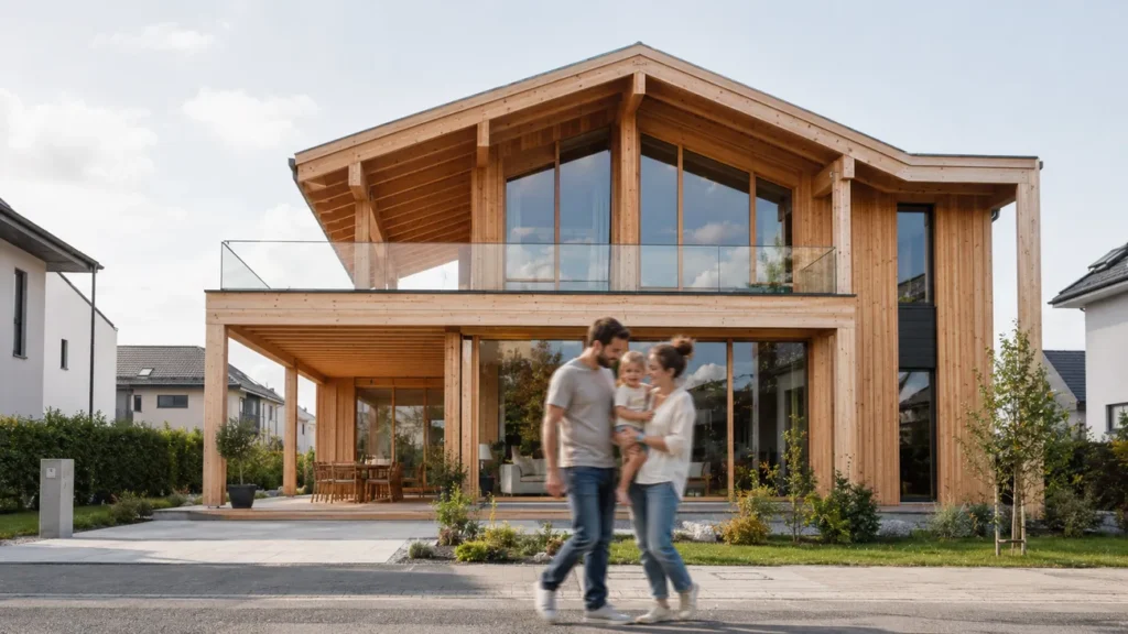 Familie vor modernem Holzhaus mit großer Glasfront, Balkon und überdachter Terrasse in Wohnsiedlung