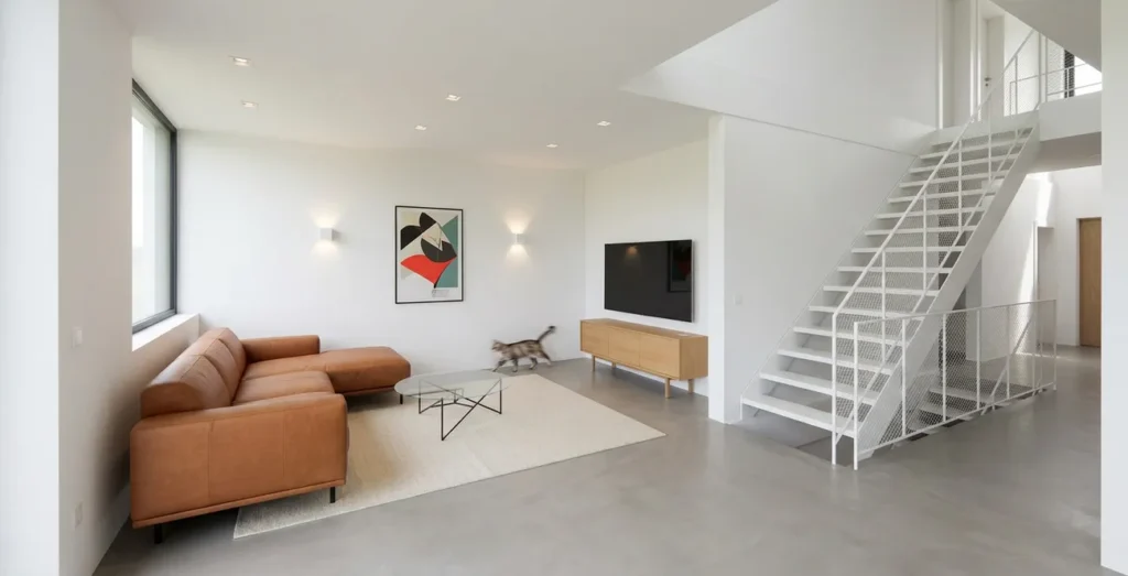 Minimalistisches Wohnzimmer mit braunem Ledersofa, weißer Stahltreppe und poliertem Betonboden in modernem Haus