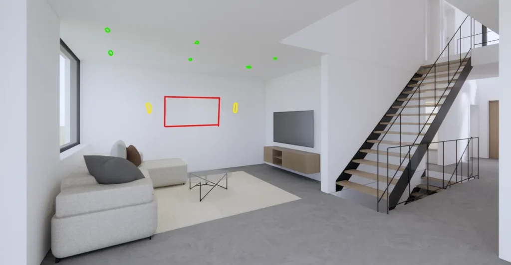 Modernes Wohnzimmer mit offener Treppe, Sofa, TV-Einheit und Einbaustrahler in minimalistischem Neubau