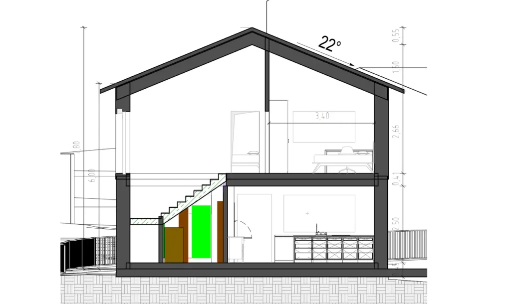 Architektonischer Querschnitt eines Einfamilienhauses mit 22° Dachneigung, Treppe, Küche und Obergeschoss