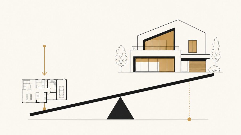 Waage mit Hausgrundriss und modernem Einfamilienhaus – Vergleich zwischen Planung und Realität beim Hausbau