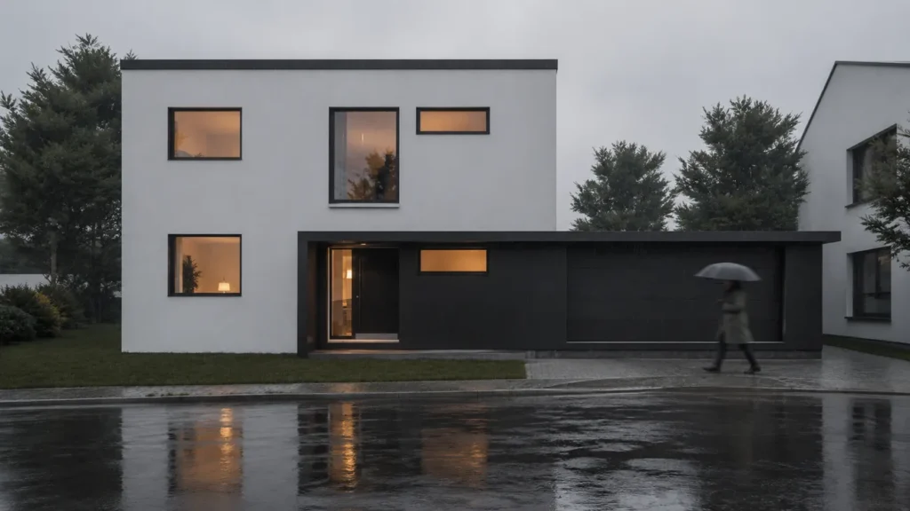 Modernes Einfamilienhaus mit Flachdach, schwarz-weißer Fassade und warmem Innenlicht im Regen